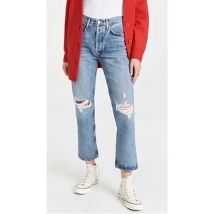 Agolde Lana Crop Straight Leg Distressed Jeans In Cornerstone Blue Size 27